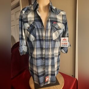 M503 NWT Men's wrangler cowboy wash blue checkered long sleeve button down shirt